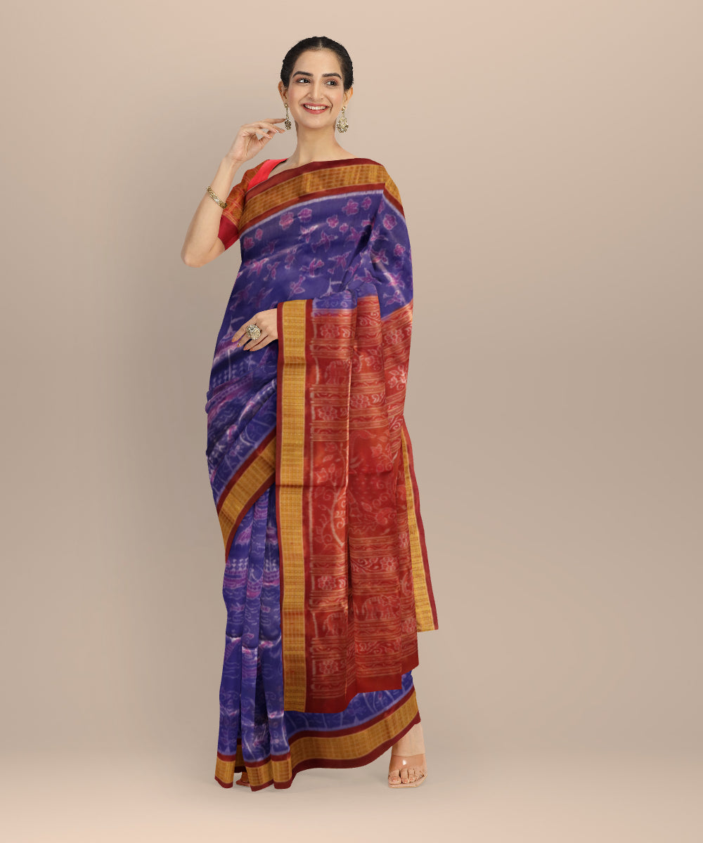 Sky Blue Crimson Red Silk Handloom Sambalpuri Saree