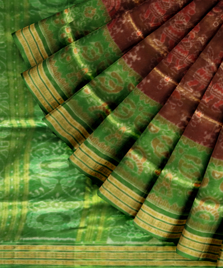 Coffee & Dark Pastel Green The Sacred Kalash ikat Tissue Silk Sambalpuri Saree