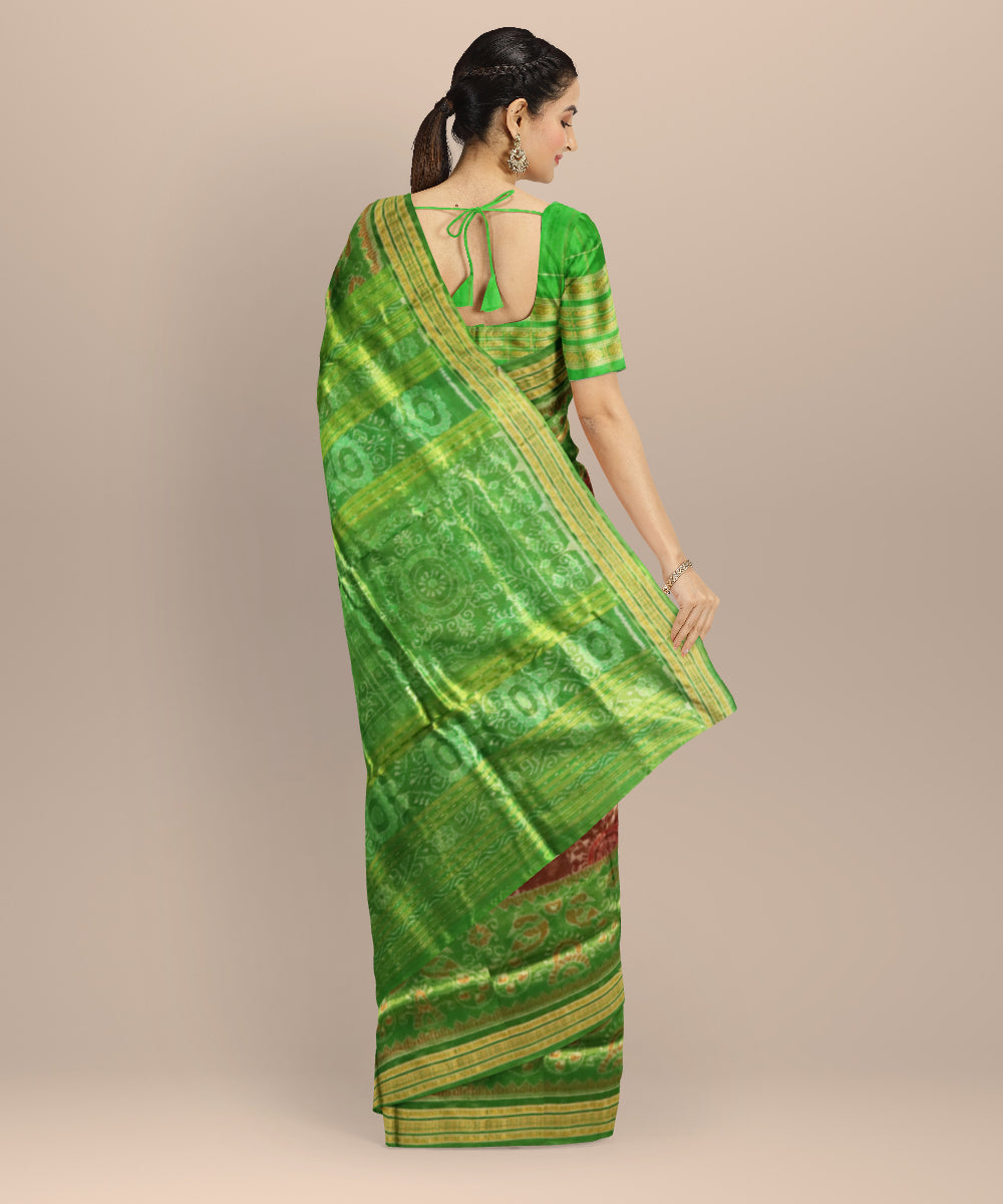 Coffee & Dark Pastel Green The Sacred Kalash ikat Tissue Silk Sambalpuri Saree
