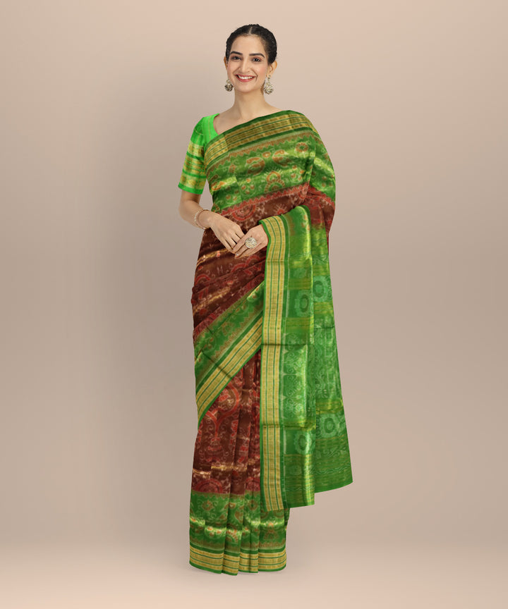 Coffee & Dark Pastel Green The Sacred Kalash ikat Tissue Silk Sambalpuri Saree