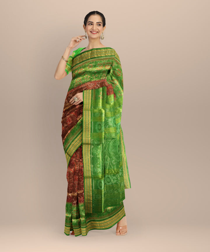 Coffee & Dark Pastel Green The Sacred Kalash ikat Tissue Silk Sambalpuri Saree