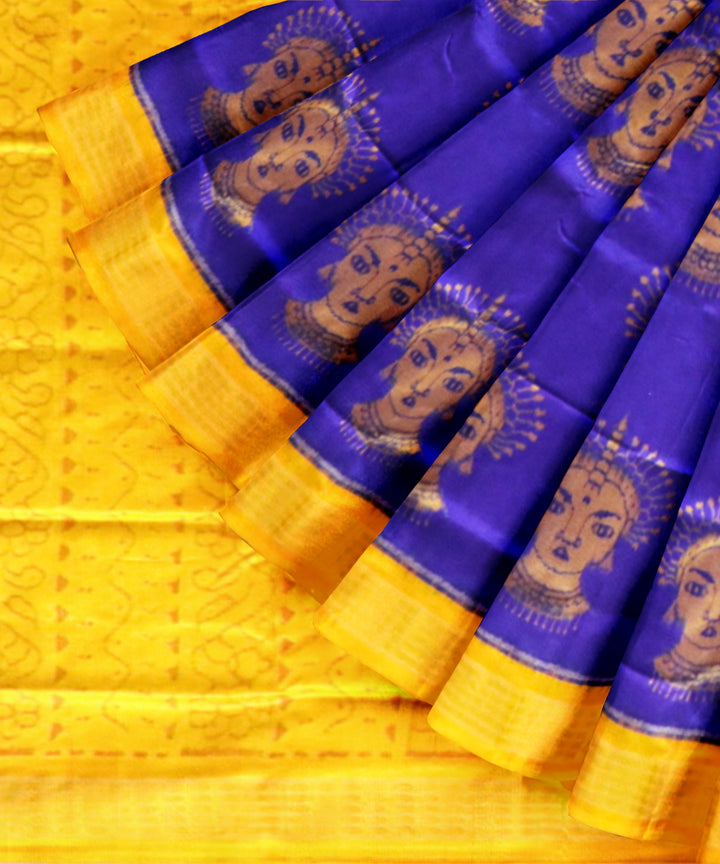 Duke Blue & Cyber Yellow Sambalpuri Silk Saree with Odissi Dancer Ikat