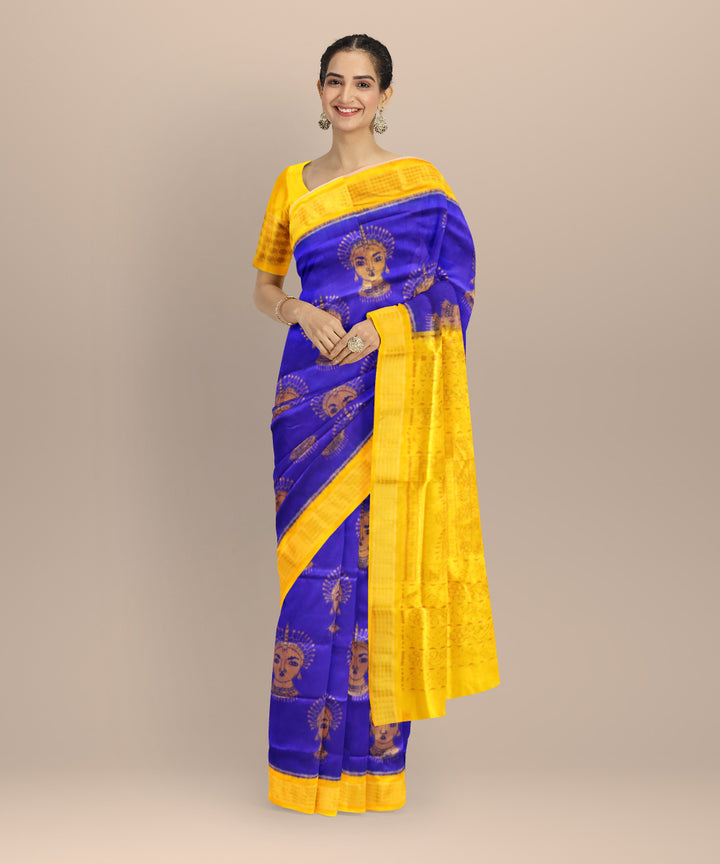 Duke Blue & Cyber Yellow Sambalpuri Silk Saree with Odissi Dancer Ikat