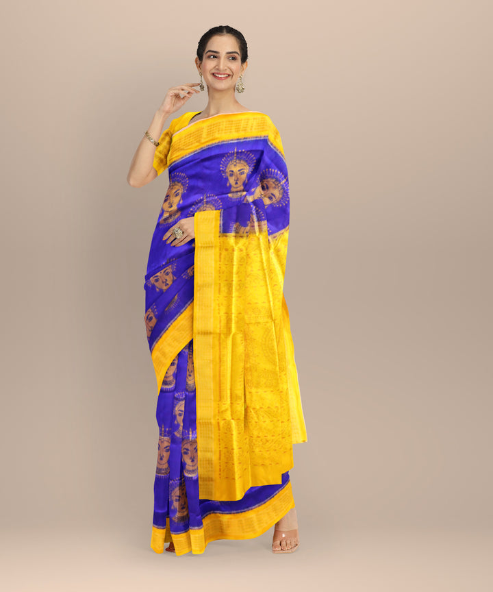 Duke Blue & Cyber Yellow Sambalpuri Silk Saree with Odissi Dancer Ikat