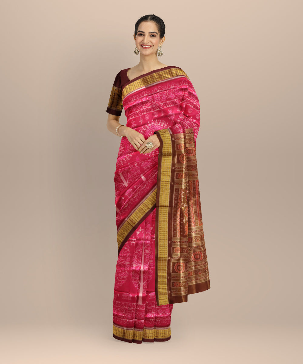 Pink Dark Scarlet Silk Handloom Sambalpuri Saree