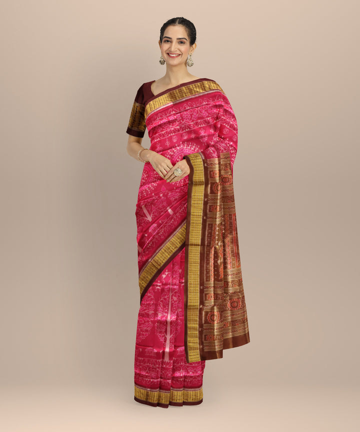 Pink Dark Scarlet Silk Handloom Sambalpuri Saree