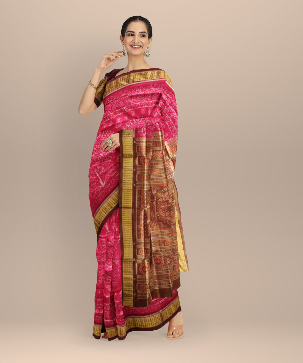Pink Dark Scarlet Silk Handloom Sambalpuri Saree