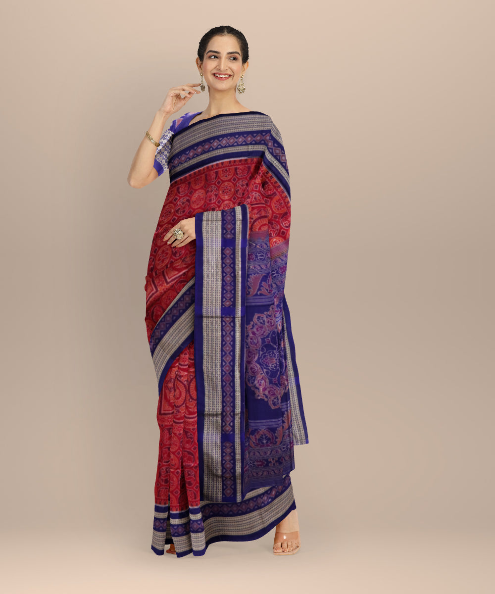 Pink dark blue cotton silk handloom sambalpuri saree