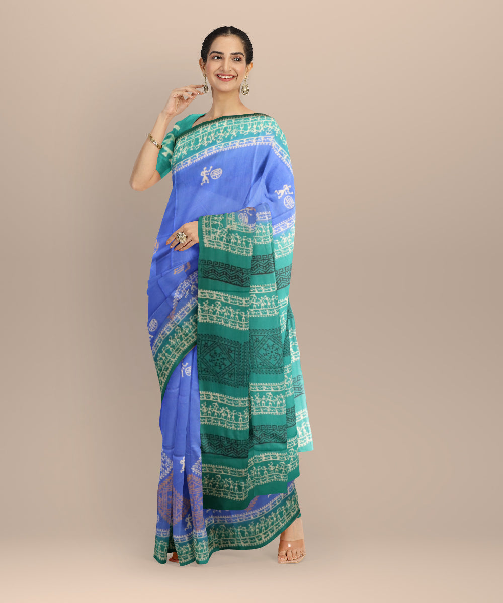 Navy blue turquoise silk handloom sambalpuri saree
