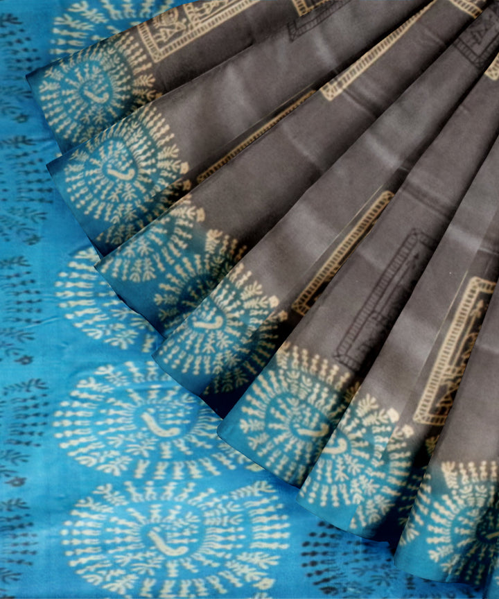 Grey brandeis blue silk handloom sambalpuri saree
