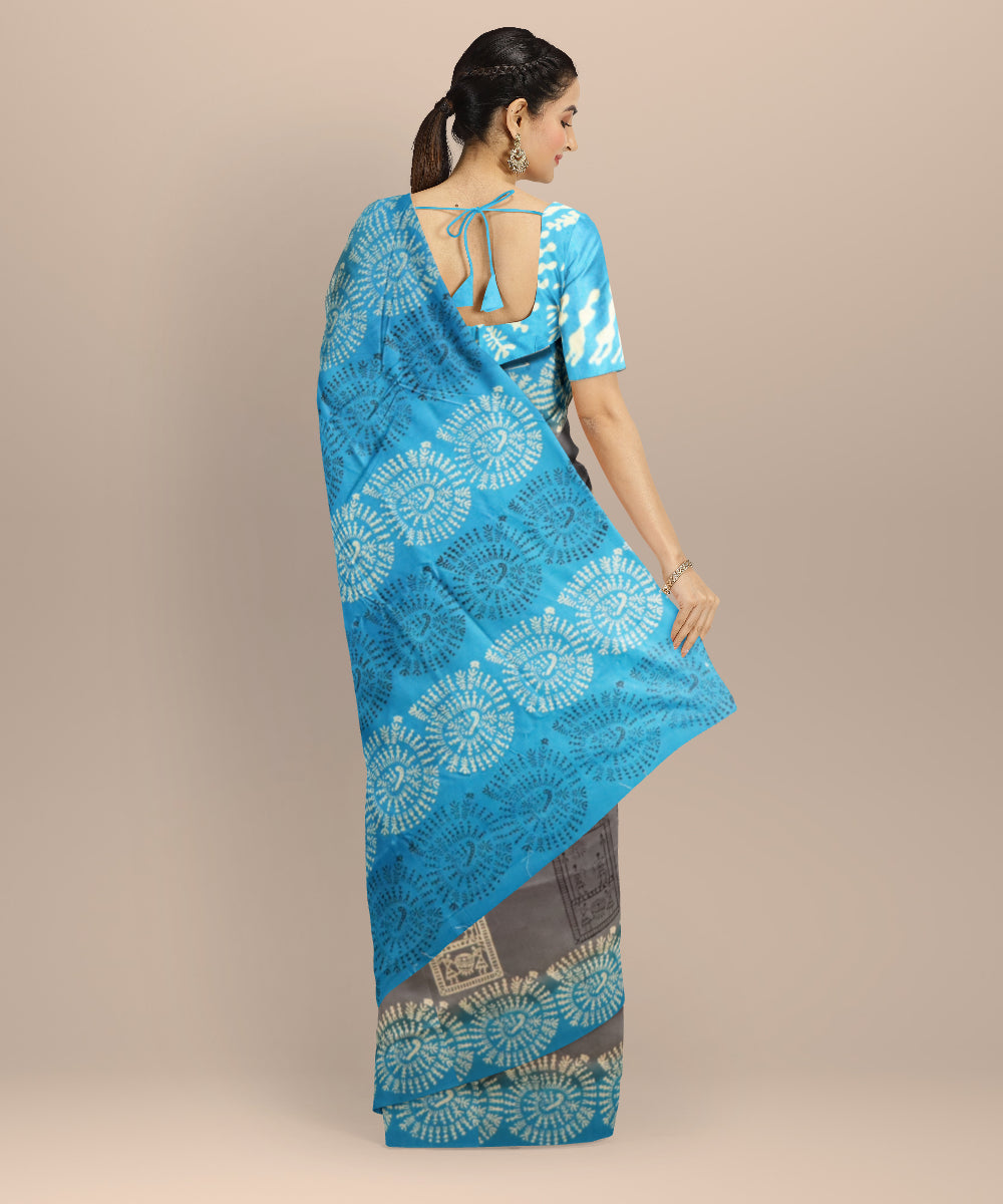 Grey brandeis blue silk handloom sambalpuri saree