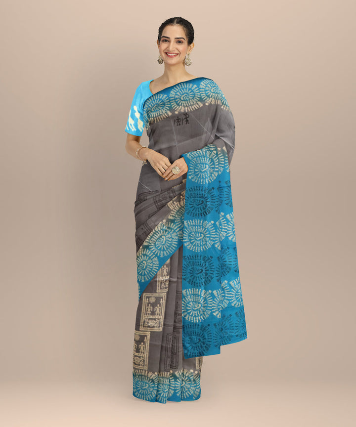 Grey brandeis blue silk handloom sambalpuri saree