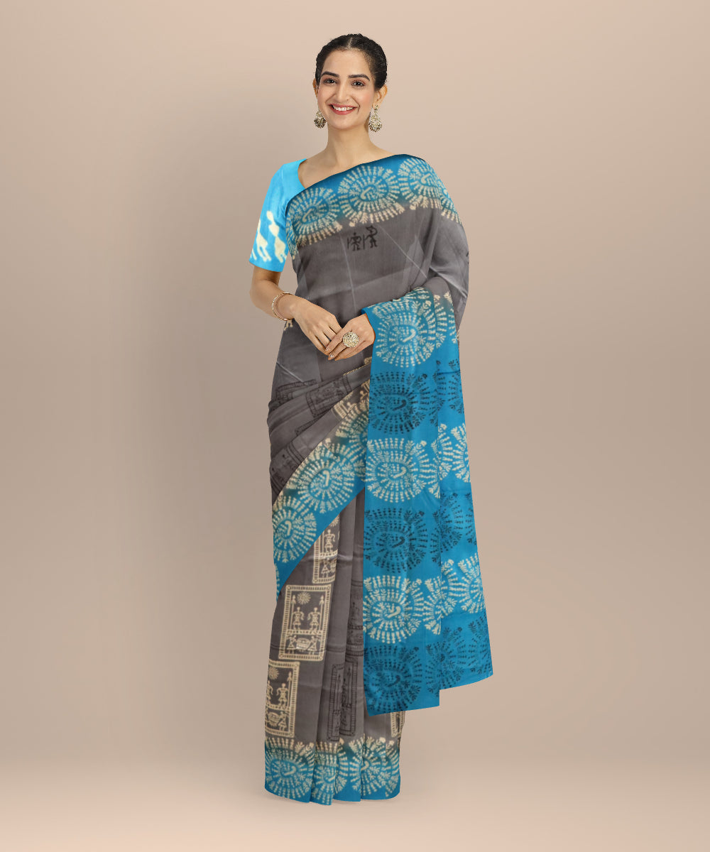 Grey Brandeis Blue Silk Handloom Sambalpuri Saree