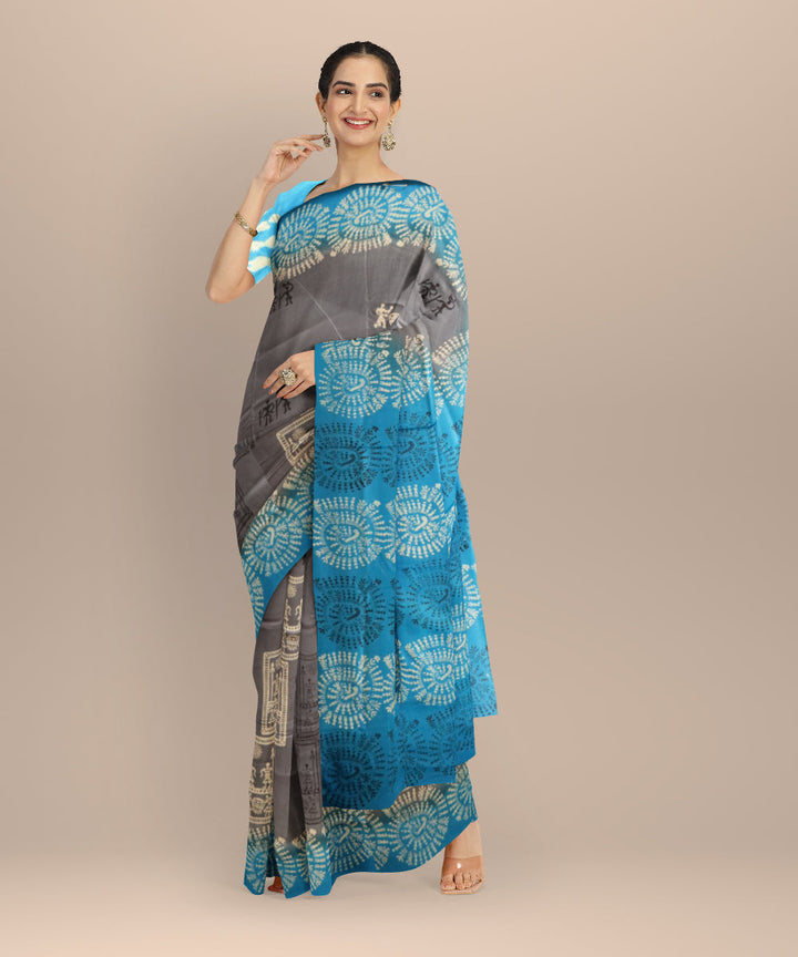 Grey brandeis blue silk handloom sambalpuri saree
