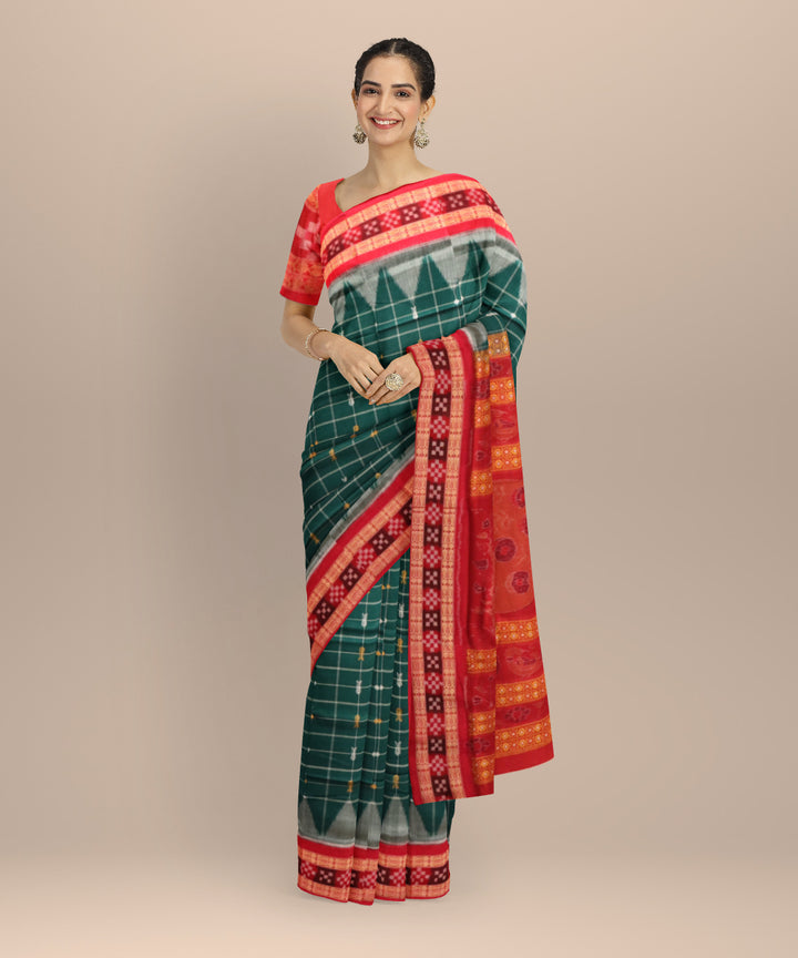 Dark green dark red handloom cotton bomkai saree