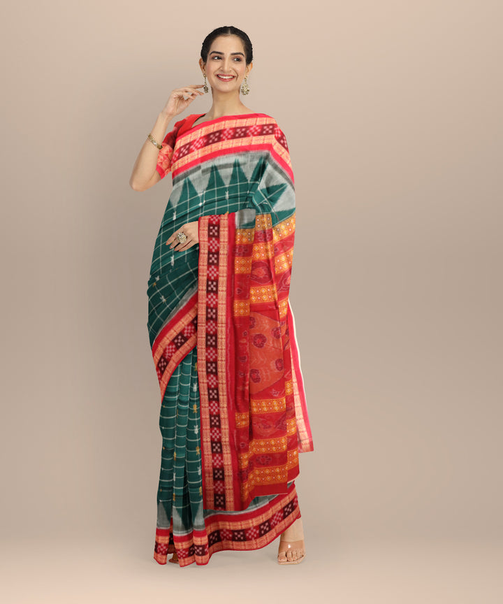 Dark green dark red handloom cotton bomkai saree