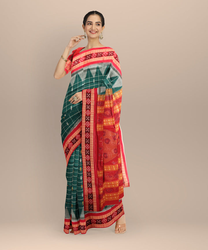 Dark green dark red handloom cotton bomkai saree
