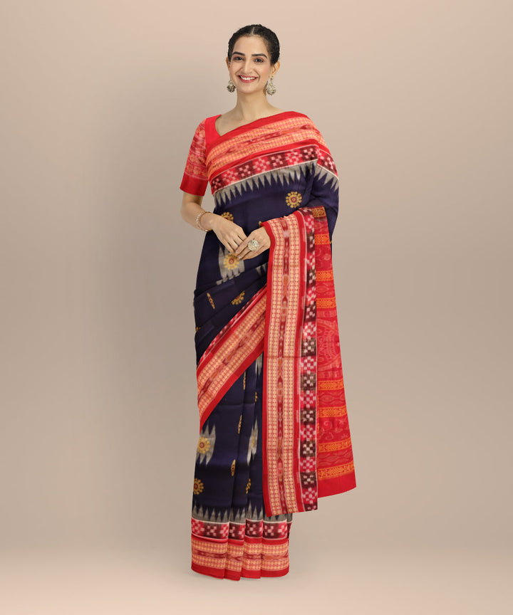 Cyan blue dark red cotton handloom bomkai saree