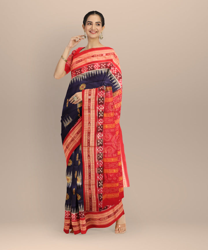 Cyan blue dark red cotton handloom bomkai saree