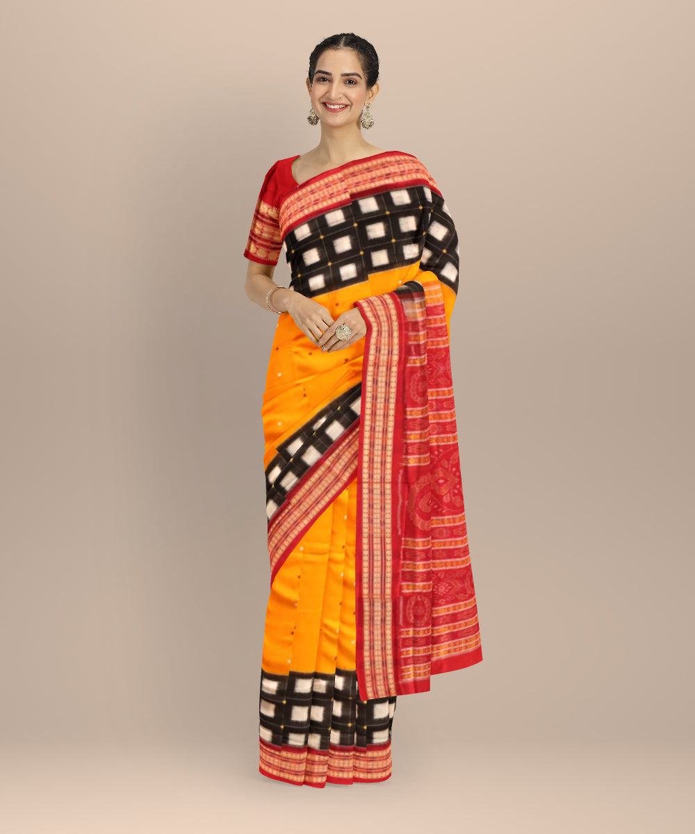Yellow dark red cotton handloom bomkai saree