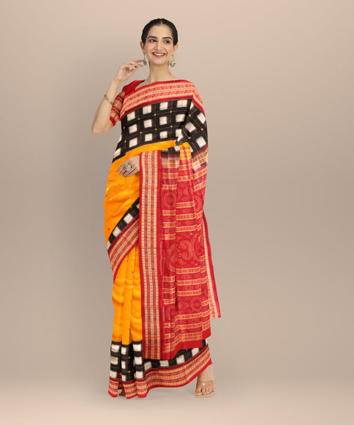 Yellow dark red cotton handloom bomkai saree