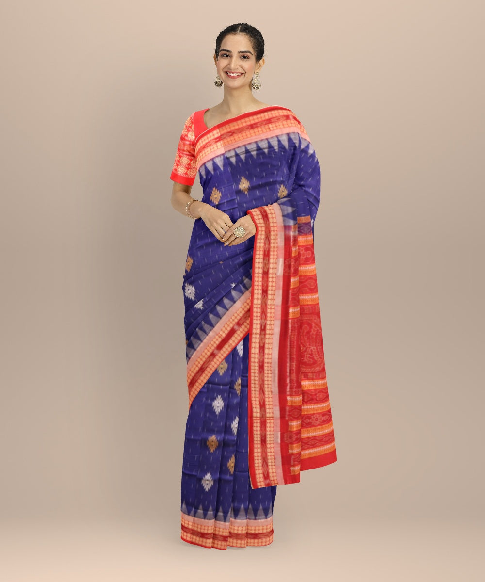 Sky blue dark red cotton handloom bomkai saree