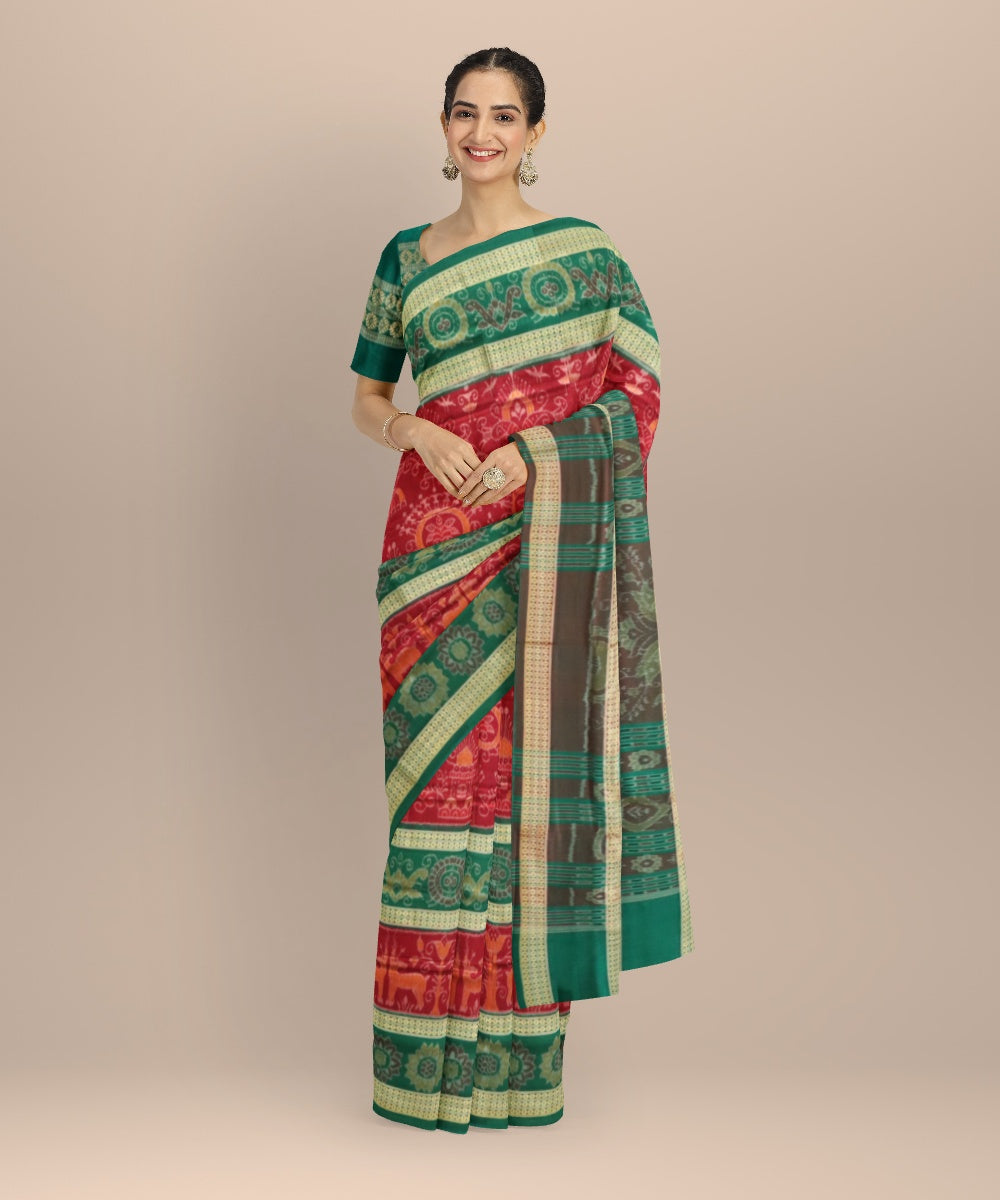 Multicolor dark green handloom cotton sambalpuri saree