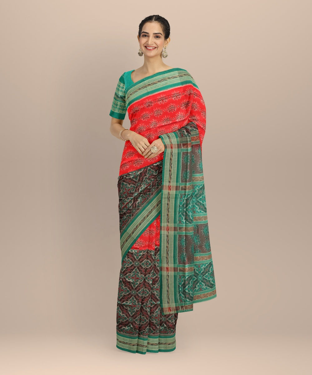 Multicolor dark green cotton handloom sambalpuri saree