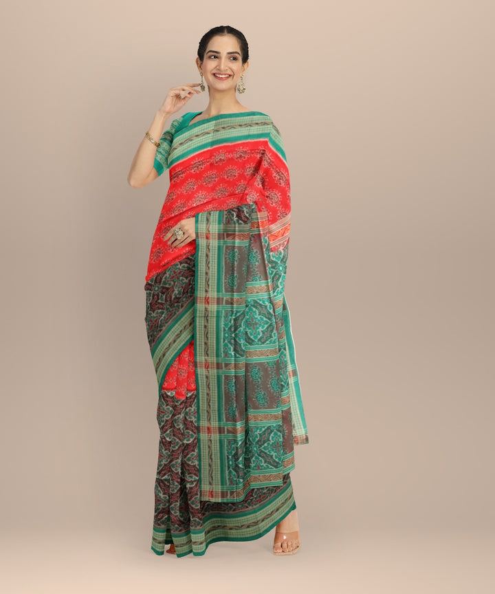 Multicolor dark green cotton handloom sambalpuri saree