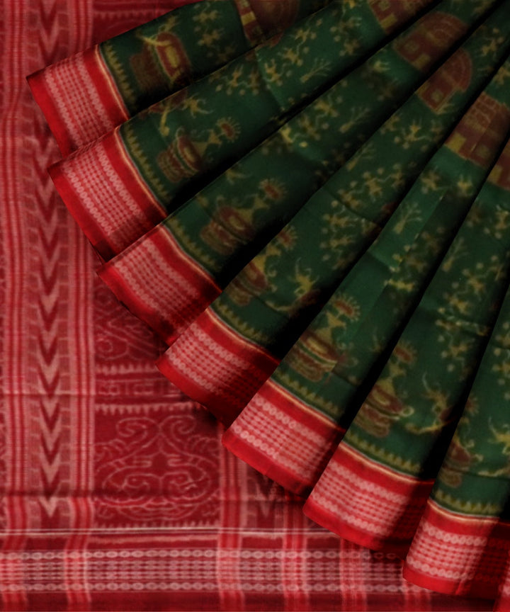 Dark green dark red cotton handloom sambalpuri saree