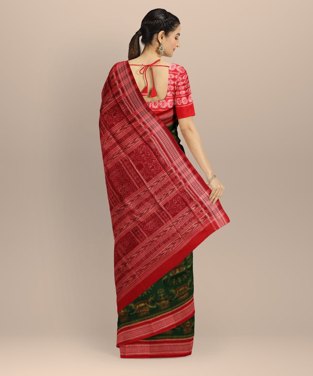 Dark green dark red cotton handloom sambalpuri saree