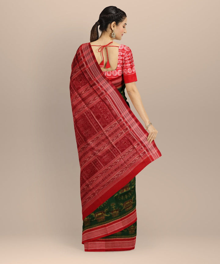 Dark green dark red cotton handloom sambalpuri saree