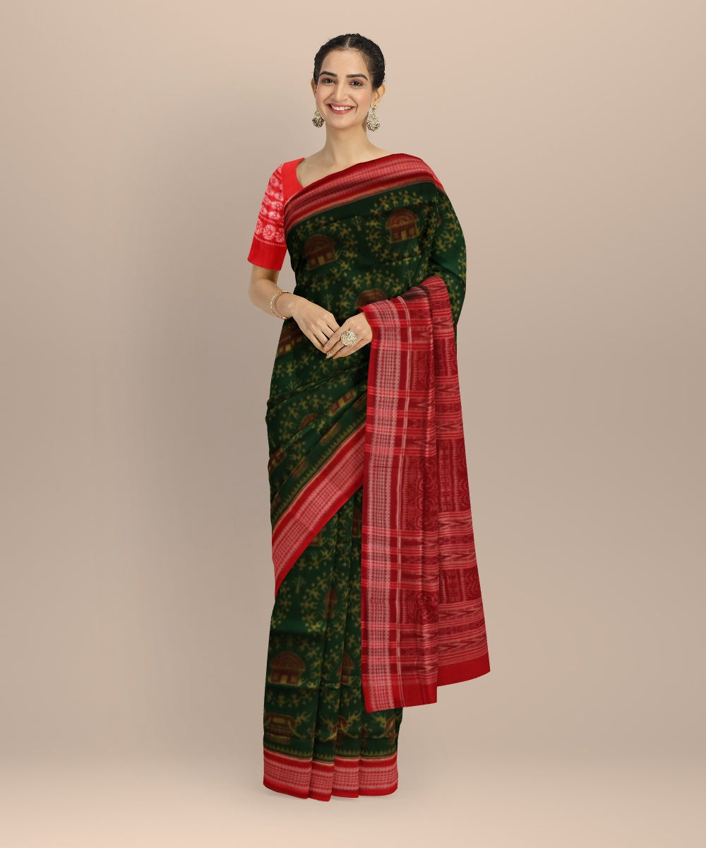 Dark green dark red cotton handloom sambalpuri saree
