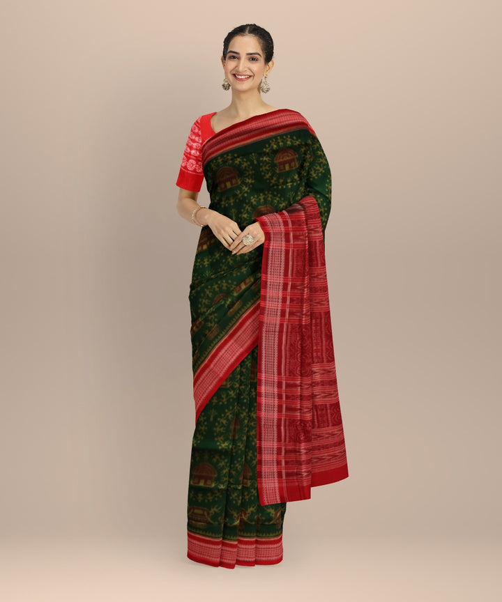 Dark green dark red cotton handloom sambalpuri saree