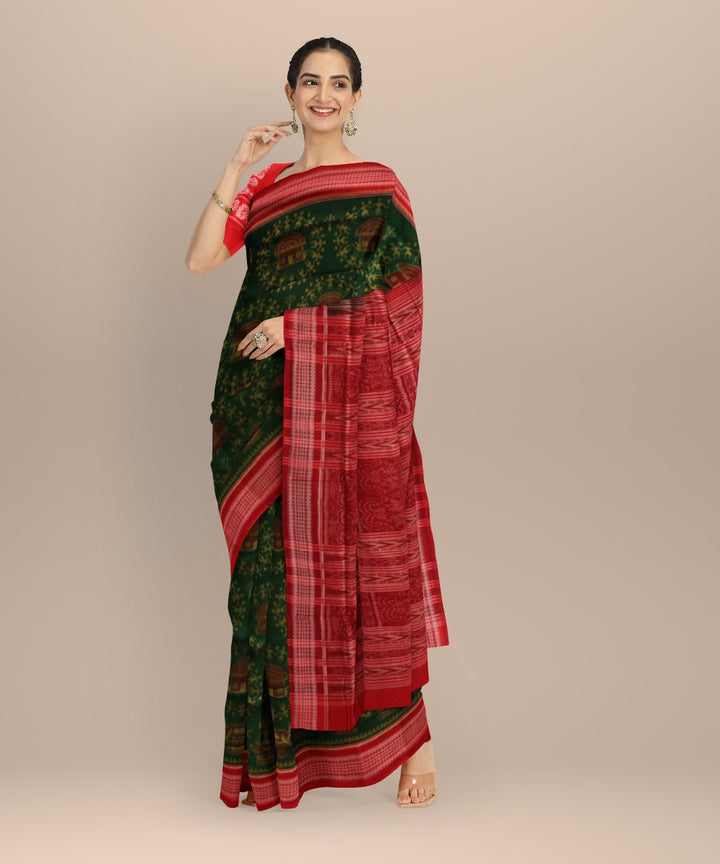 Dark green dark red cotton handloom sambalpuri saree