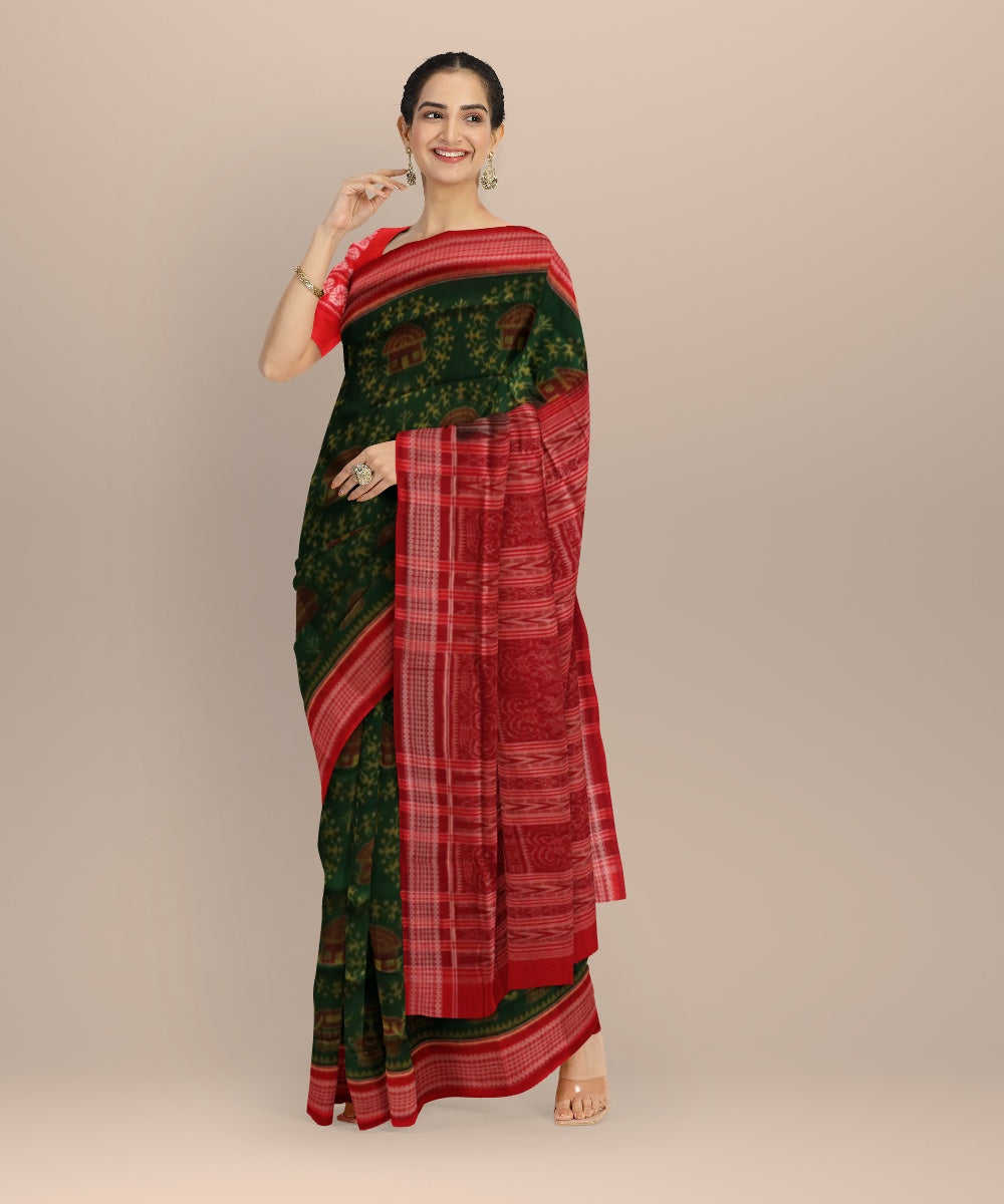 Dark green dark red cotton handloom sambalpuri saree