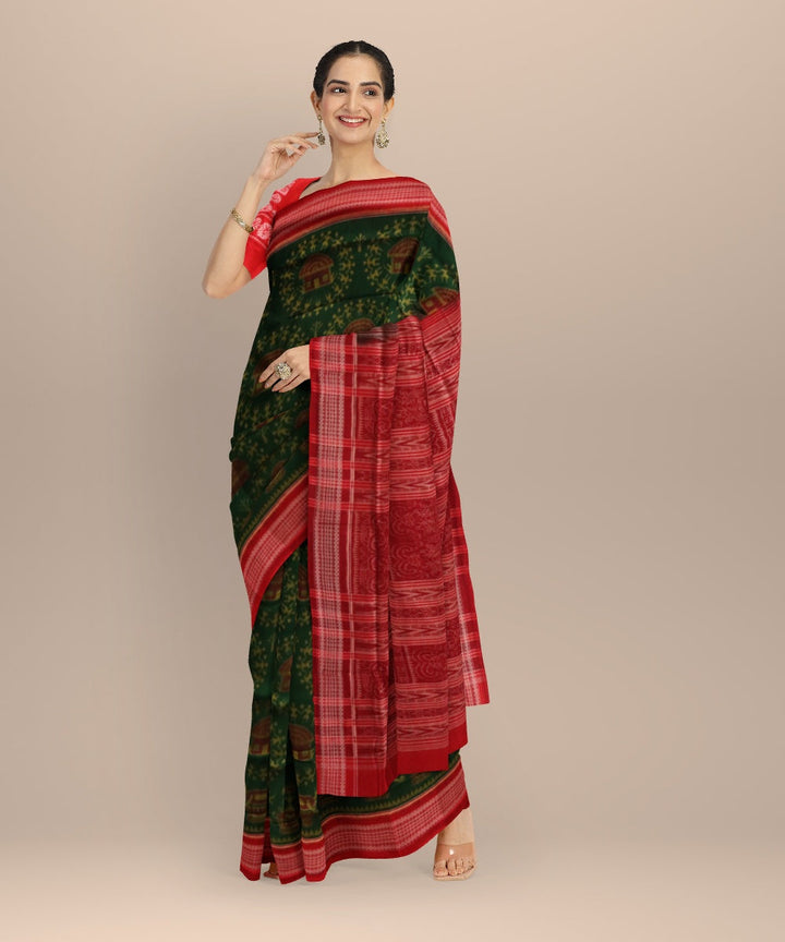 Dark green dark red cotton handloom sambalpuri saree