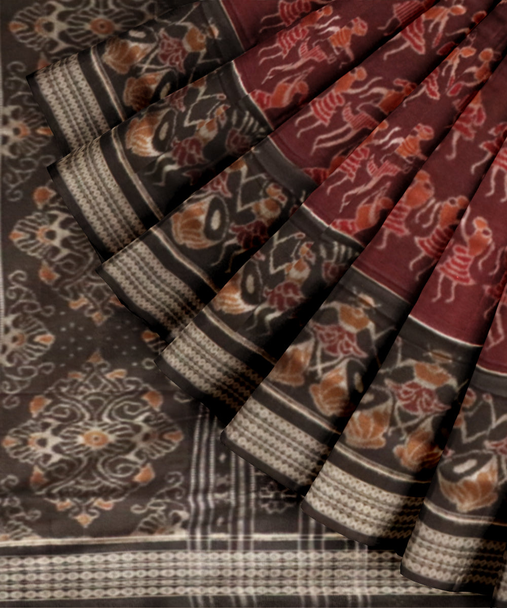 Maroon black handloom cotton sambalpuri saree