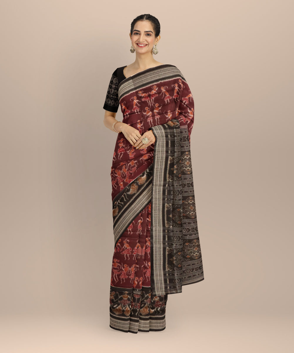 Maroon black handloom cotton sambalpuri saree