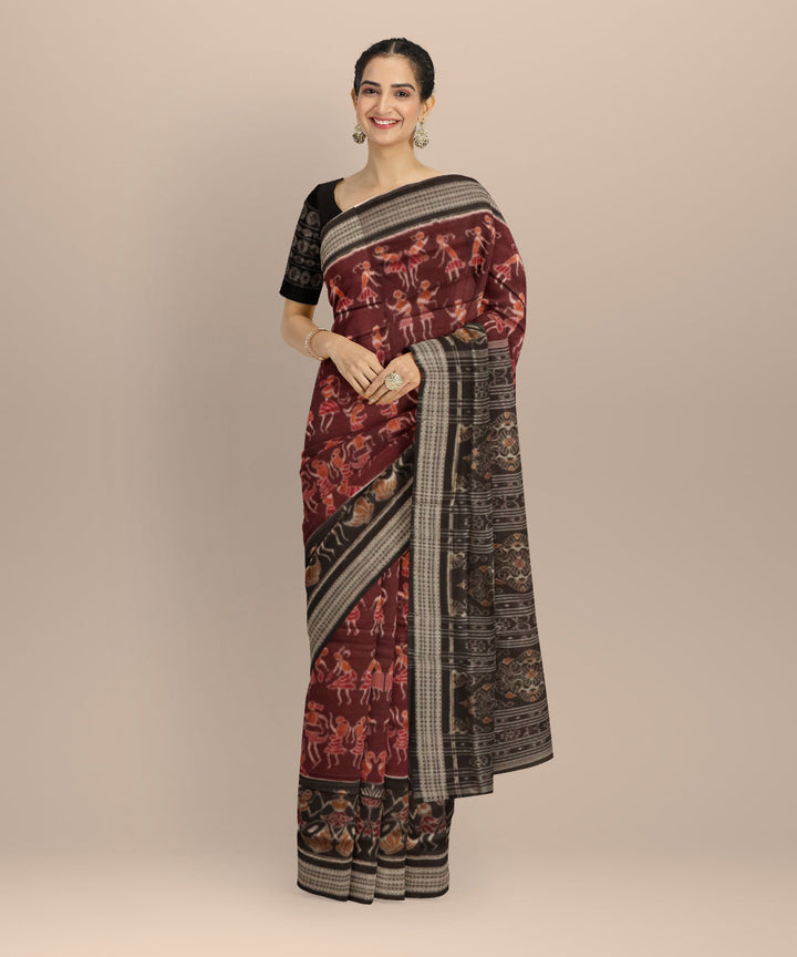Maroon black handloom cotton sambalpuri saree