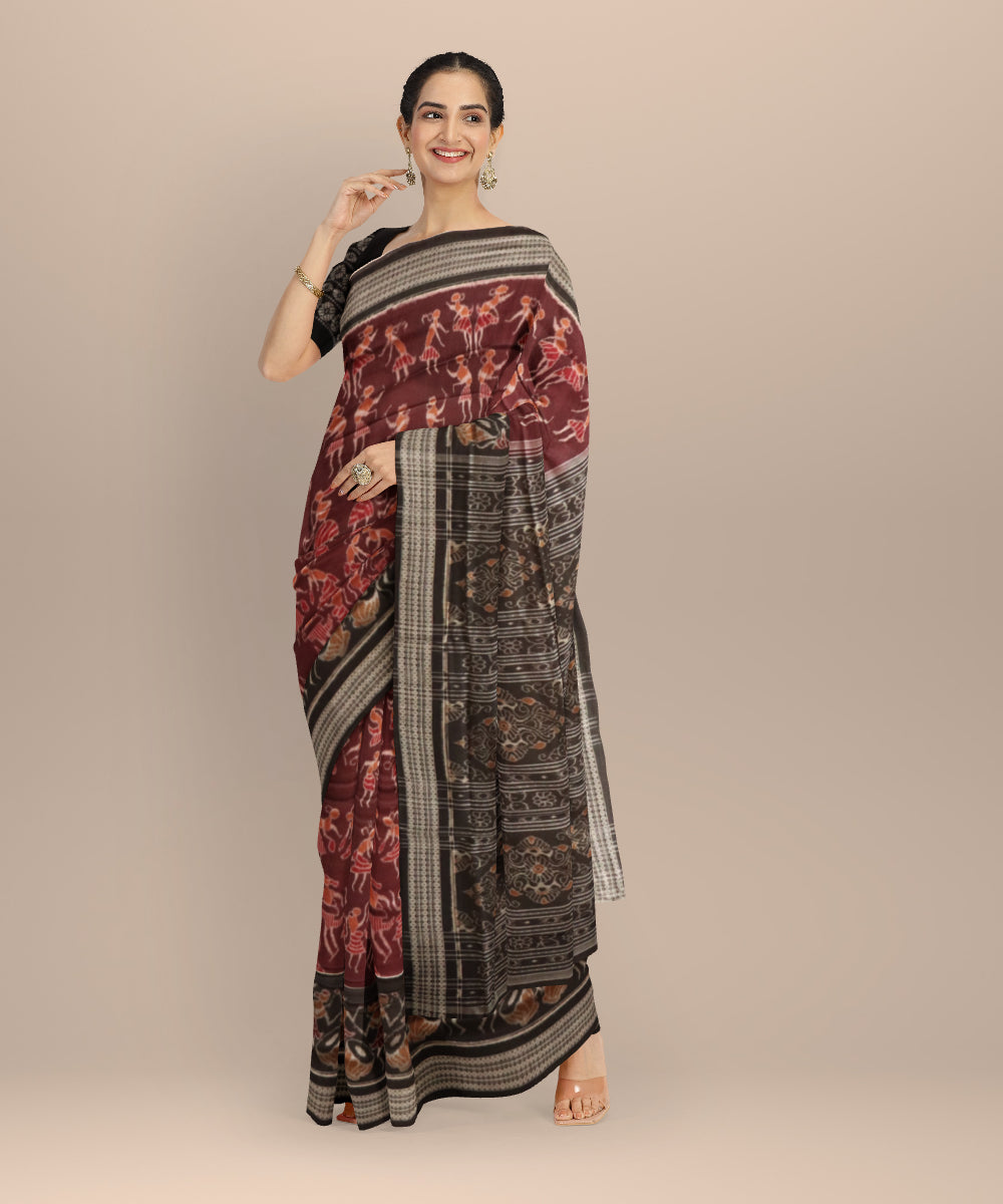 Maroon black handloom cotton sambalpuri saree