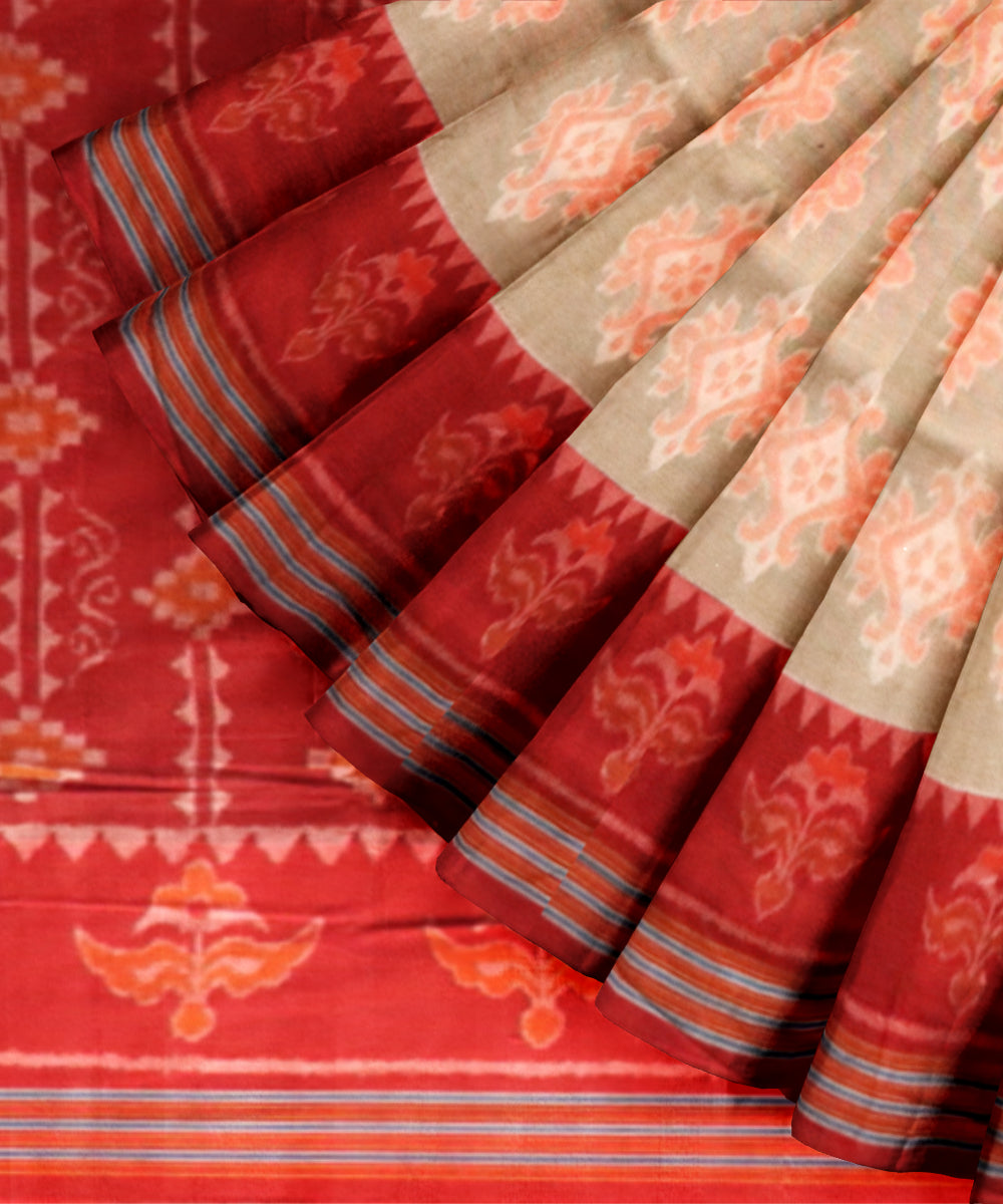 Beige dark red cotton handloom nuapatna saree