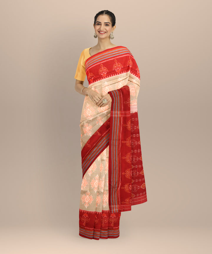 Beige dark red cotton handloom nuapatna saree