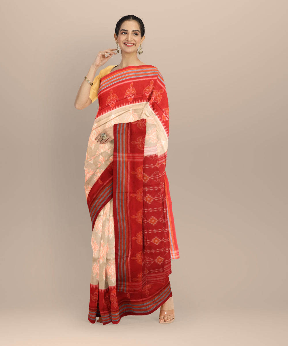 Beige dark red cotton handloom nuapatna saree