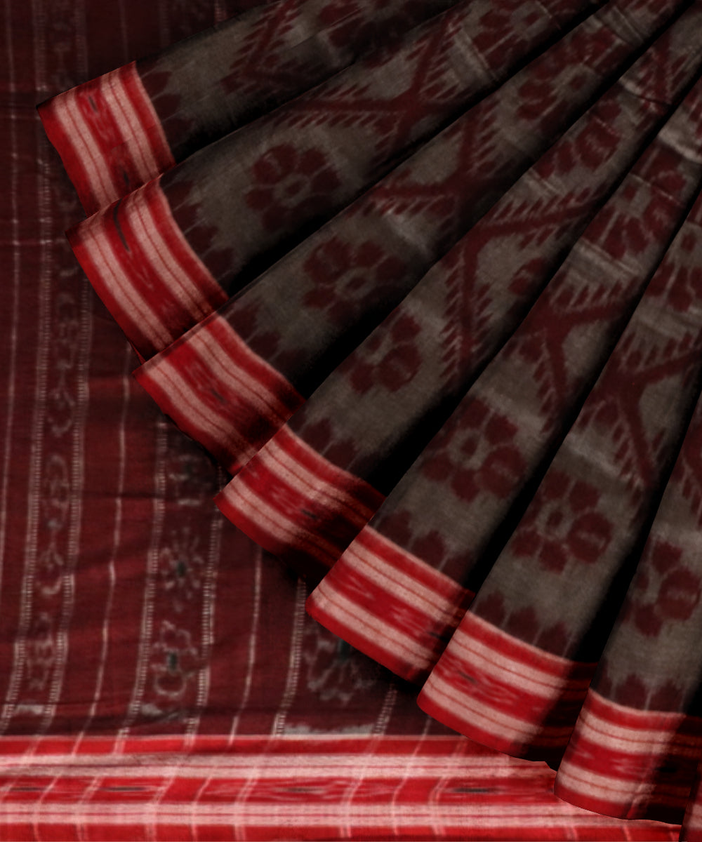 Grey dark red cotton handloom nuapatna saree