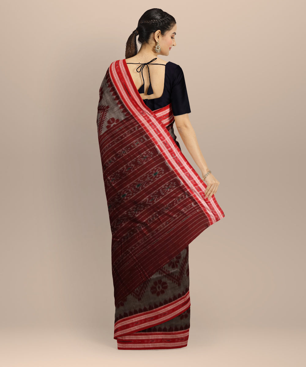 Grey dark red cotton handloom nuapatna saree