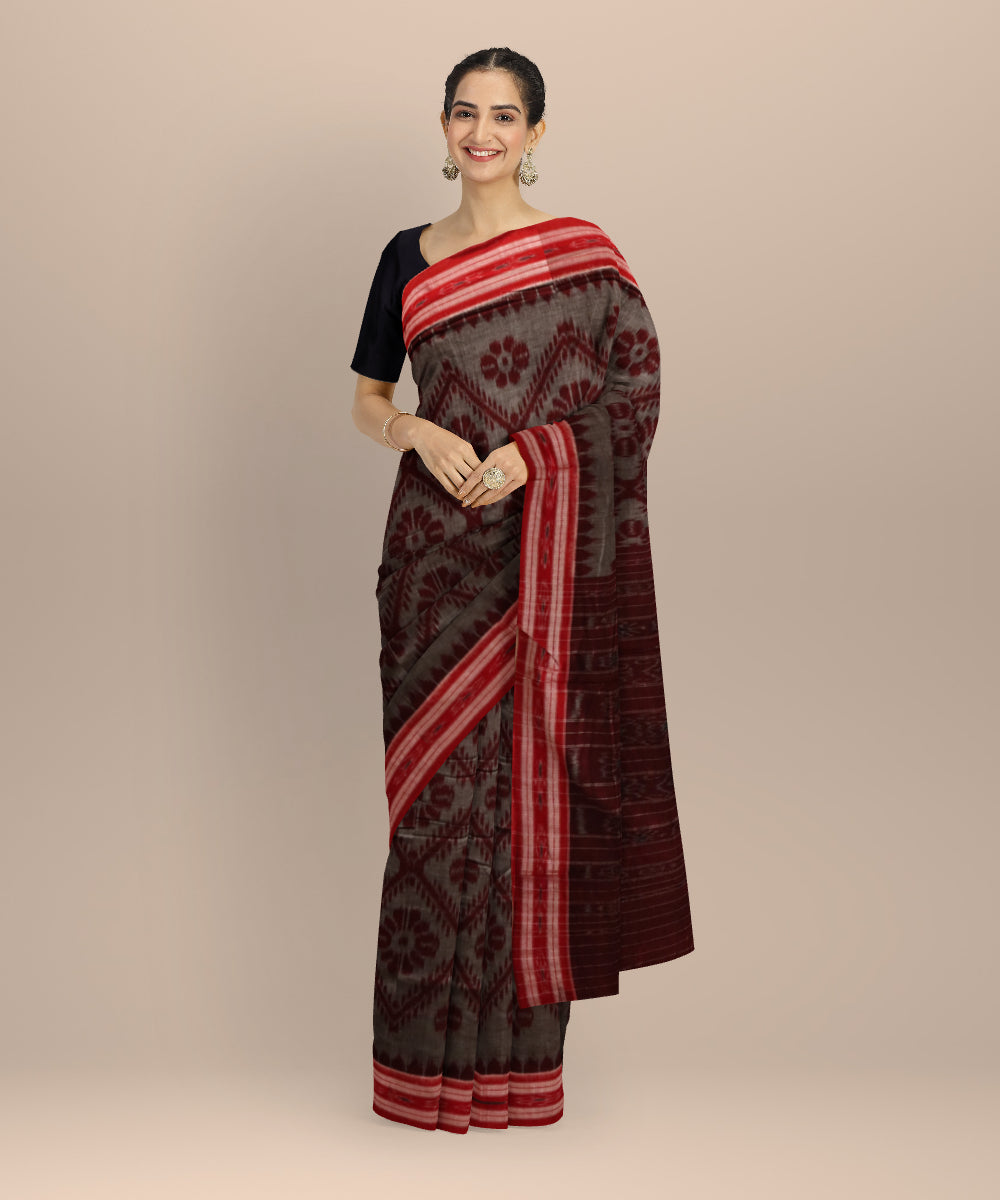 Grey dark red cotton handloom nuapatna saree