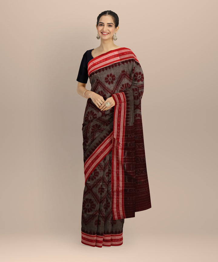 Grey dark red cotton handloom nuapatna saree