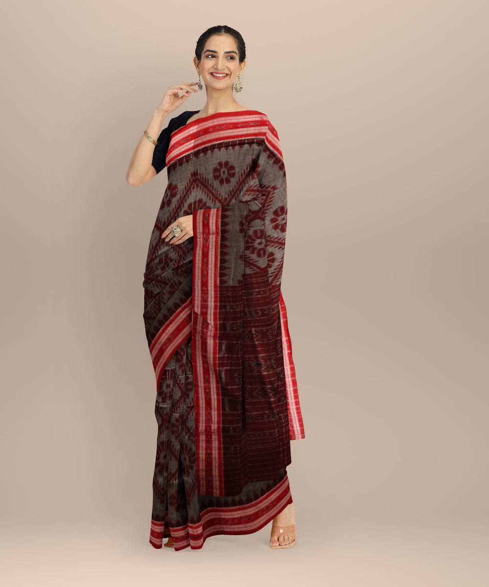 Grey dark red cotton handloom nuapatna saree