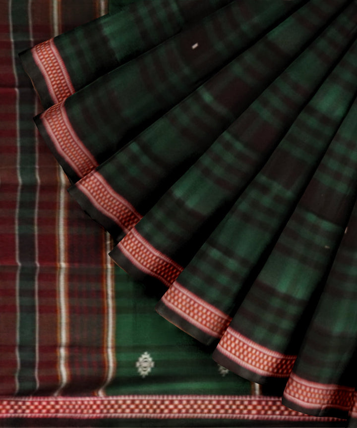 Dark green maroon &amp; white cotton handloom odisha ikat saree